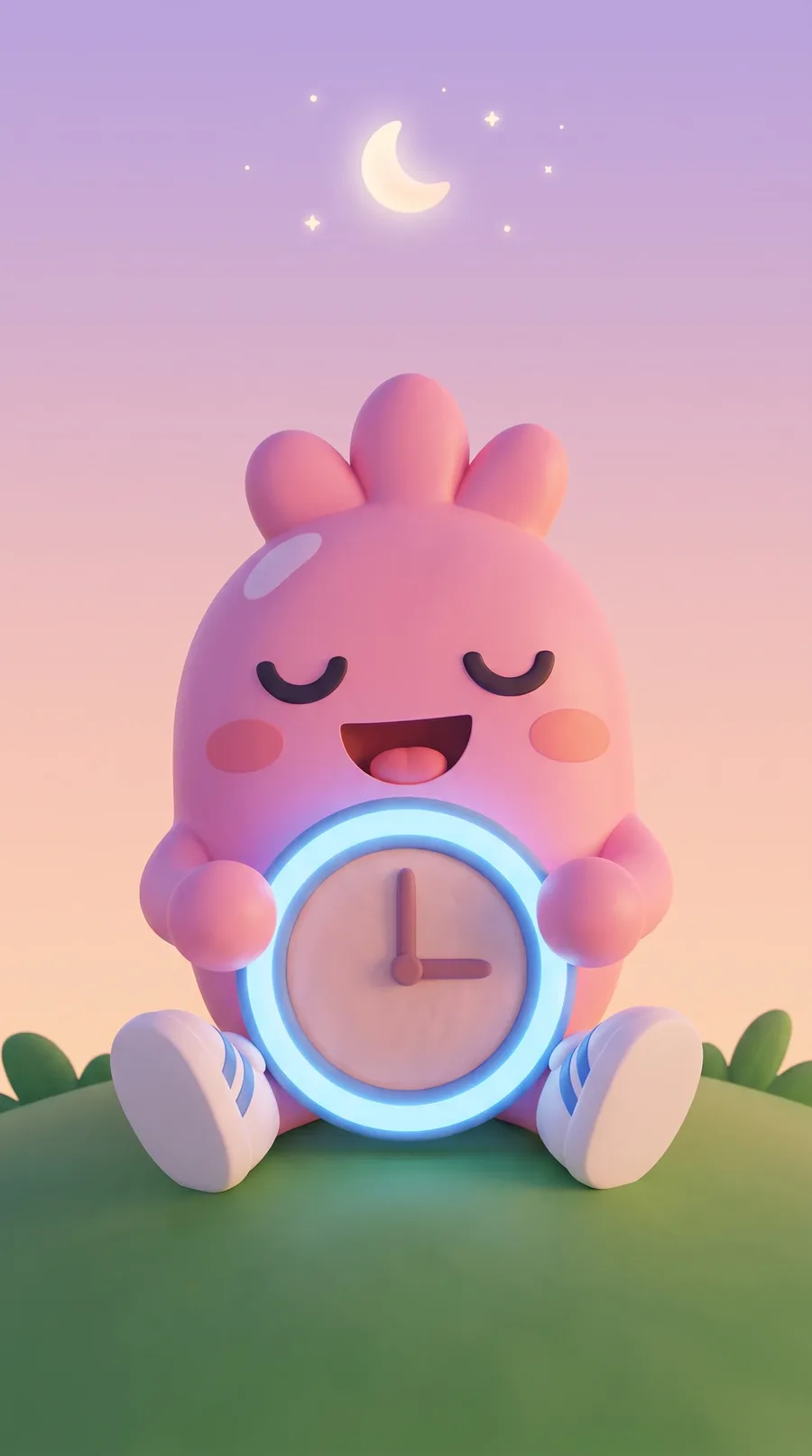 The buddy hugging a glowing clock under the moon