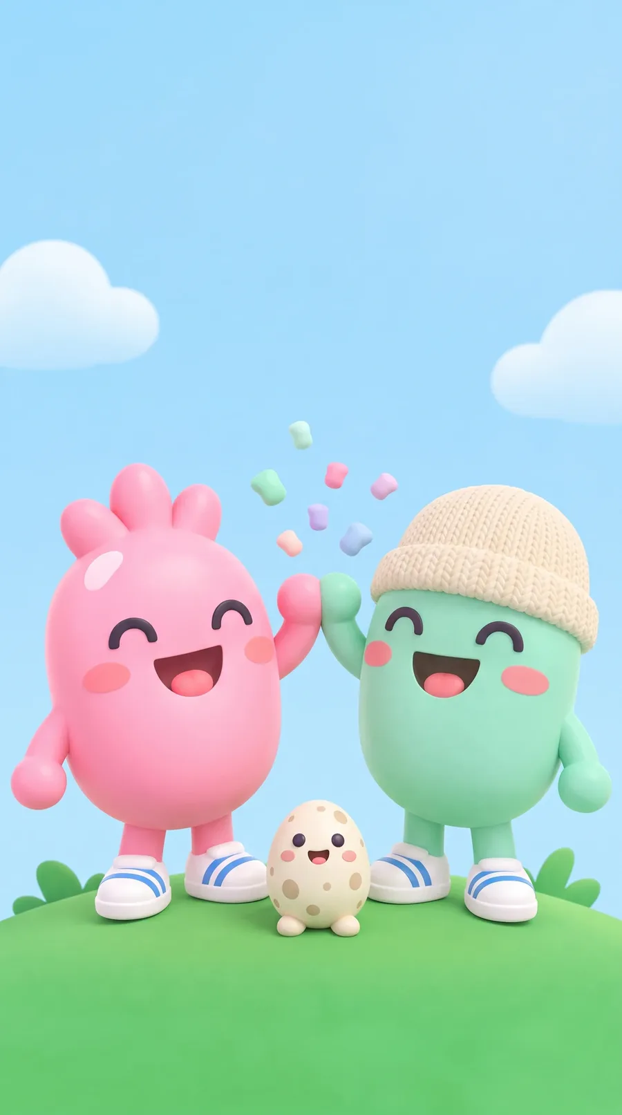 Two buddies high-fiving next to their duo egg